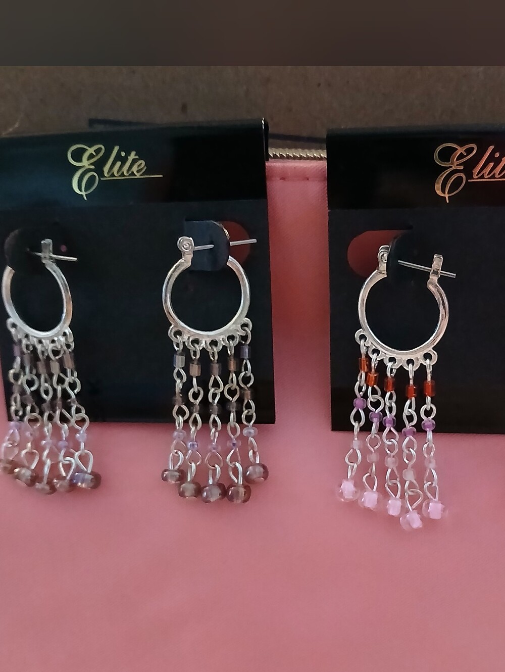 ELITE Silver Beaded Dangle Hoop Earrings - Pink & Red OR Purple & Mocha